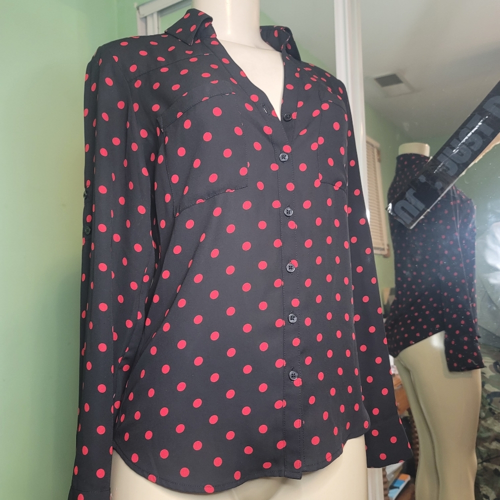 Express Portofino Women's Small Slim Button Up Blouse Dress Shirt Top Polka Dot